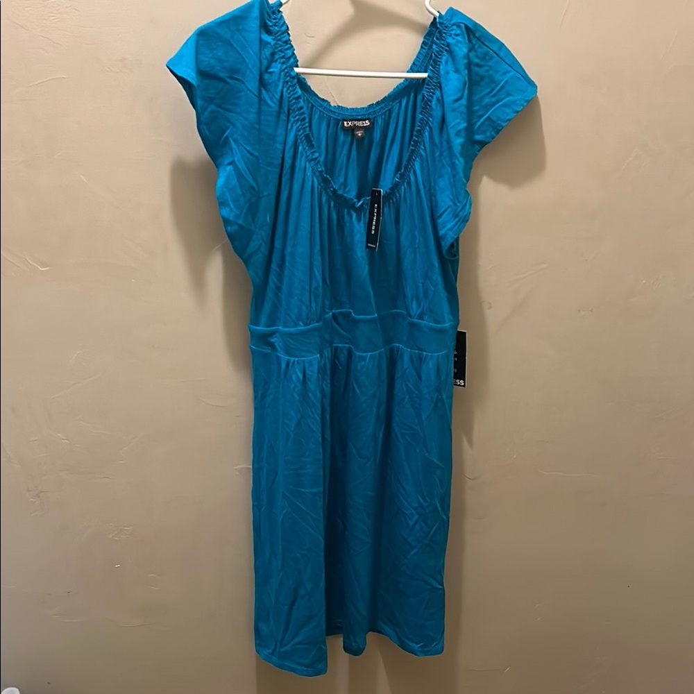Express Blue Ruched Tie Front Midi Sundress